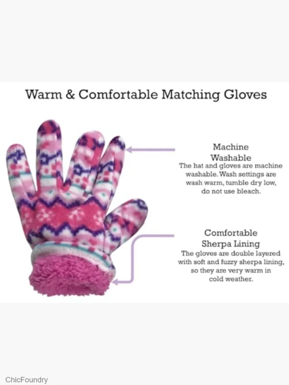 Girls Fleece Hat and Gloves Set Sherpa Lined Winter Accessory